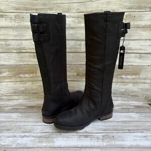 Sorel Emelie Tall Riding Boots Sz 7.5 Black Pebbled Leather Block Heel Buckle